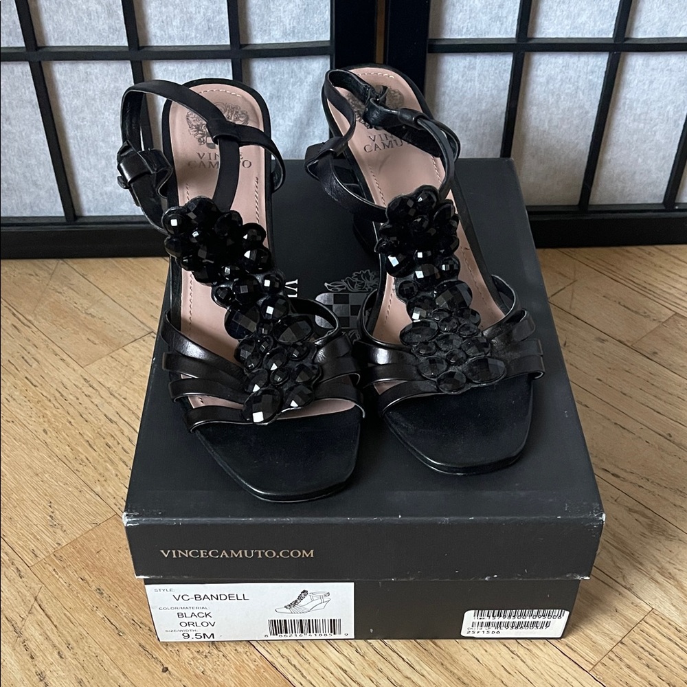Vince Camuto Black Strappy Heels with Floral Details size 9.5